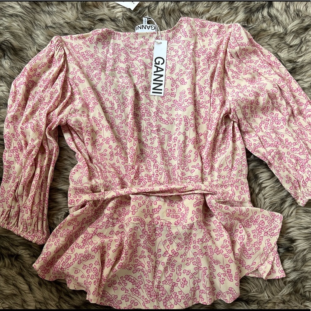 GANNI Floral Linen Wrap Top with Puffy Sleeves - Picture 2 of 4